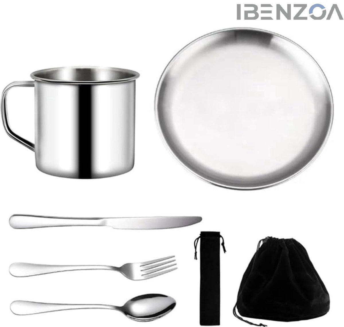 Campingbestek Set - 7 Delig - RVS - Voor 1 Persoon - Inclusief Bord en Tas