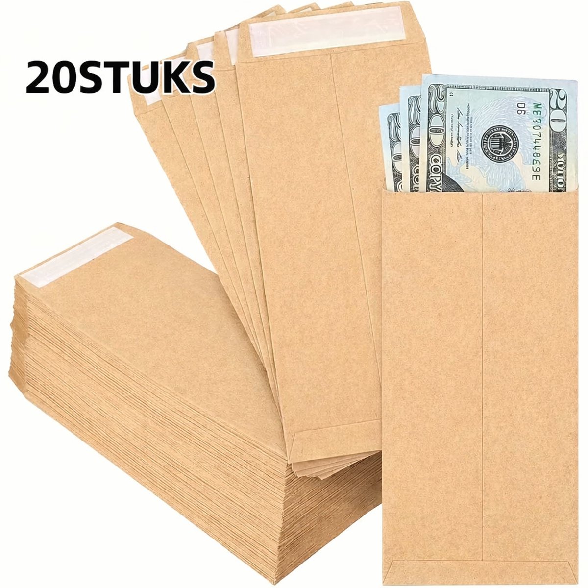 20 Stuks Zelfklevende Geld Enveloppen Bruin – Budget Envelop Set voor Contant Geld, Munten, Cadeaubonnen & Cash Stuffing (8,1 x 16,5 cm)