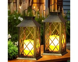 2 st. Grote zonnelantaarn voor buiten, met kaars – Waterdichte tafellamp, hanglamp, buitenzonnelamp voor balkon, tuin en terrasdecoratie – Brons LED-verlichting voor huisdecoratie