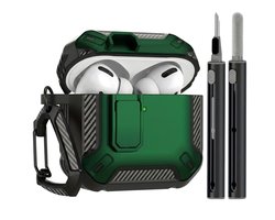Groen hoesje voor oordopjes met cleaning kit – robuuste shockproof beschermhoes geschikt voor AirPods Pro 3 met clip en carbon look details