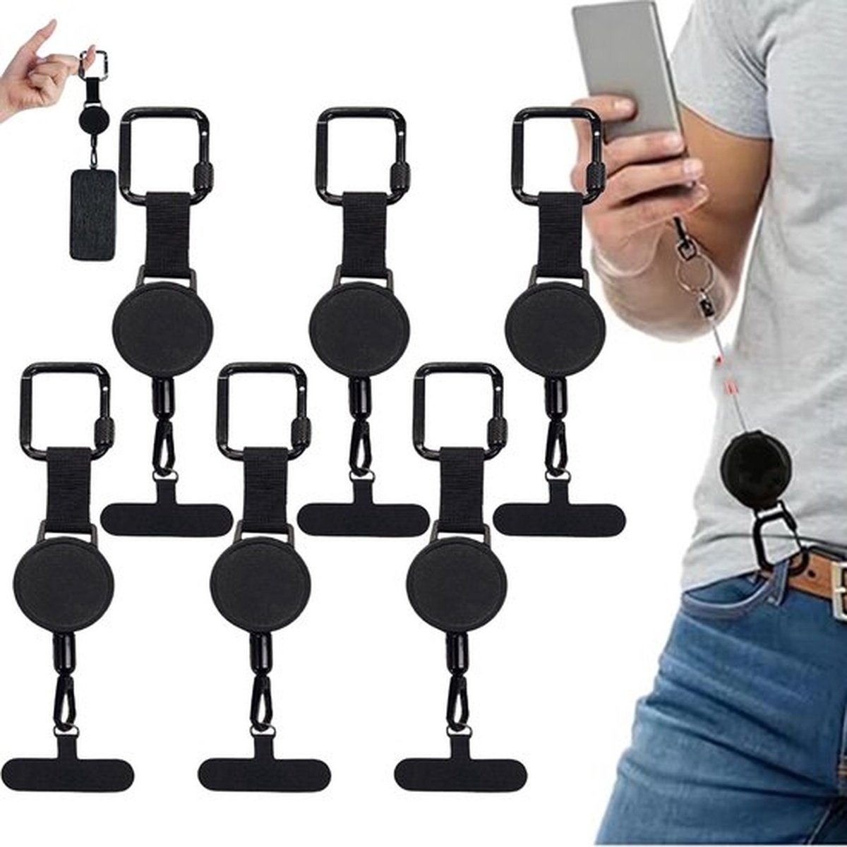 6 stuk anti-diefstal telefoonkoord - uitschuifbare anti-diefstal telefoonhouder met uittrekbare sleutelhanger, telefoonkoord met karabijnhaak, telefoonaccessoires voor reizen en wandelen