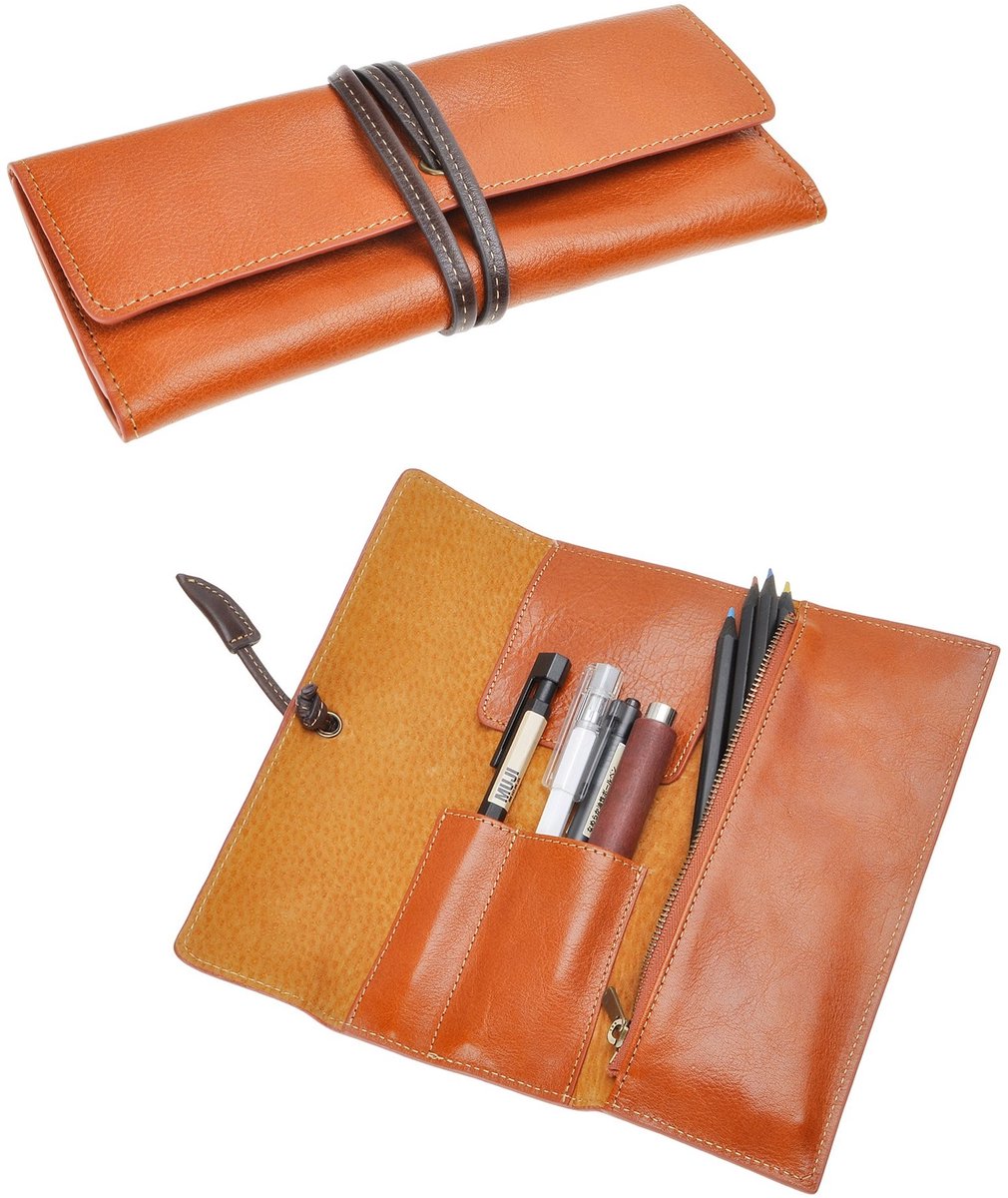 Allecto - Handgemaakte Lederen Pennenbak - Retro Design - Bruin - Perfect voor Studenten - Ruimte voor Pennen en Potloden