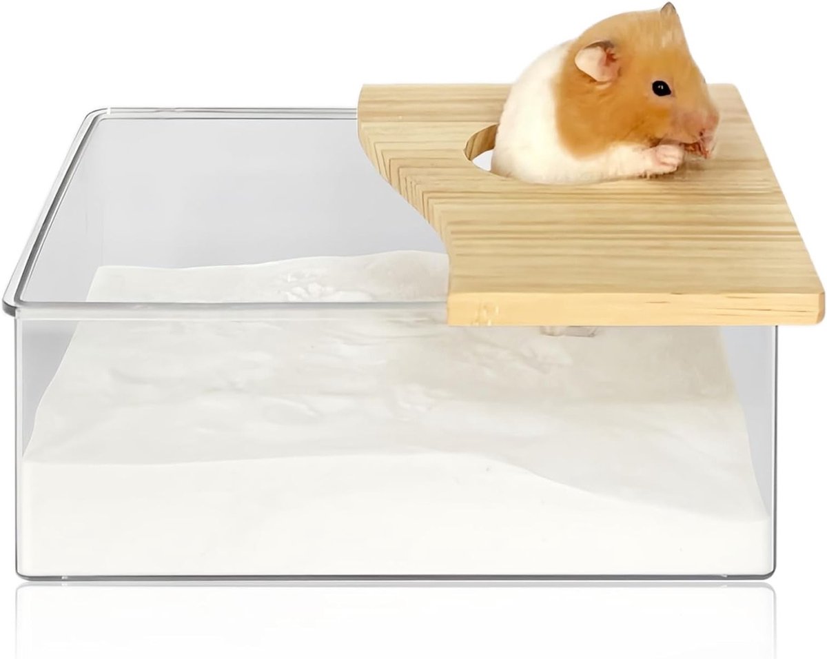 Hamster zandbad box van acryl met houten deksel - ideaal voor chinchilla's, gerbils en hamsters (20x15x8cm)