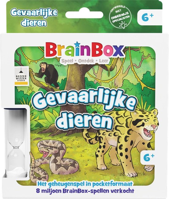 BrainBox Gevaarlijke Dieren pocketspel met illustraties van een luipaard, slang en aap in een jungle. Met zandloper. Leeftijd 6+.