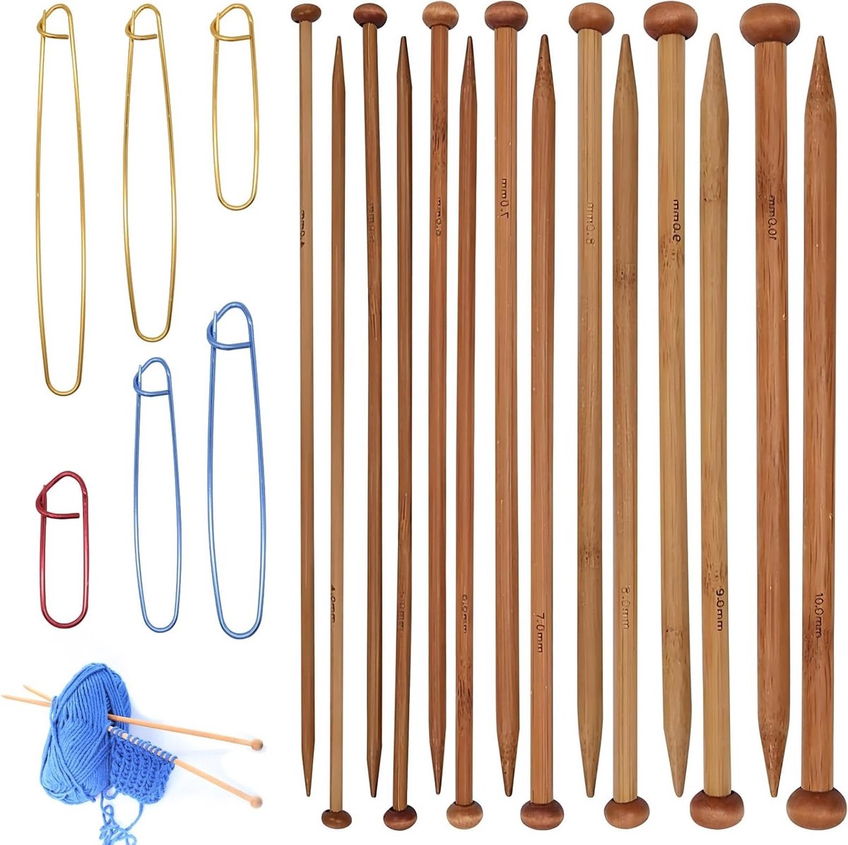Set van 7 paar bamboe breinaalden, rechte gladde lange houten naalden voor dekens, sjaals en mutsen - Perfect cadeau voor breiliefhebbers en beginners