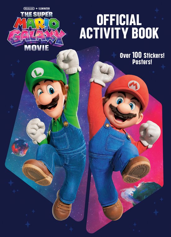 Luigi et Mario, du film, sautent joyeusement avec le livre 'The Super Mario Galaxy Movie Official Activity Book'.