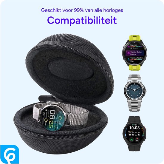 Zwart, rond horlogedoosje met een zilverkleurig smartwatch erin. Drie andere smartwatches worden ernaast getoond.