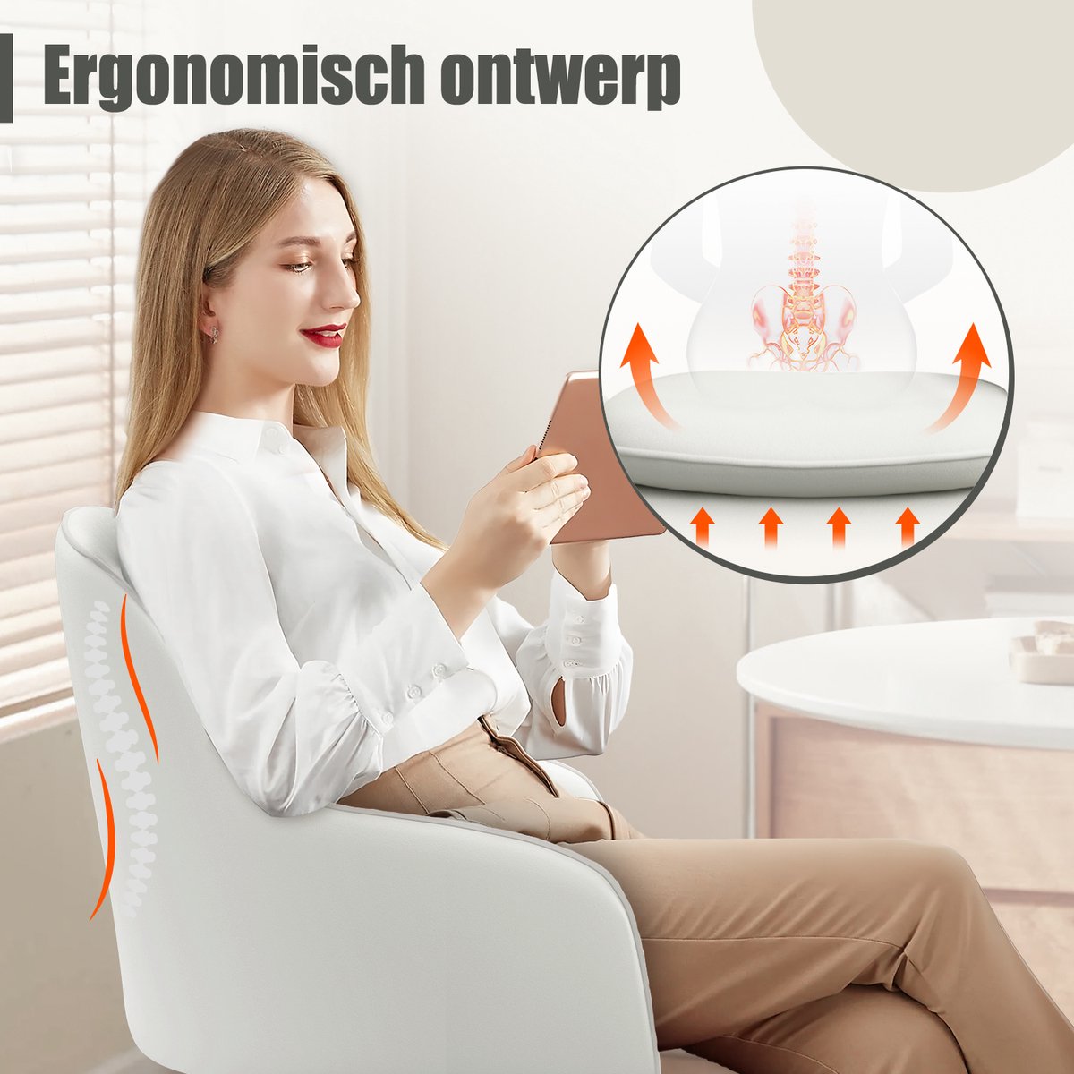 Hiaonyx Bureaustoel-Ergonomische bureaustoel-bureaustoelen voor volwassenen-Dubbel gelaagd zitkussen-360 graden draaibaar-Metalen onderstel-Wit thumbnail 3