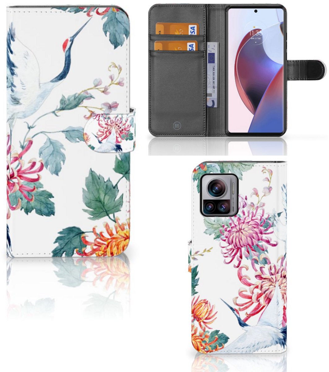 Book Case voor Motorola Edge 30 Ultra Telefoonhoesje met Pasjes Bird Flowers