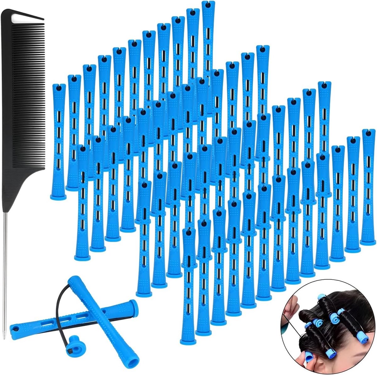 50 Stuks Krulspelden voor Kleine Krullen - Kappersset voor Haarstyling met Kam en Koude Golf Staven (Blauw, Diameter 1cm)
