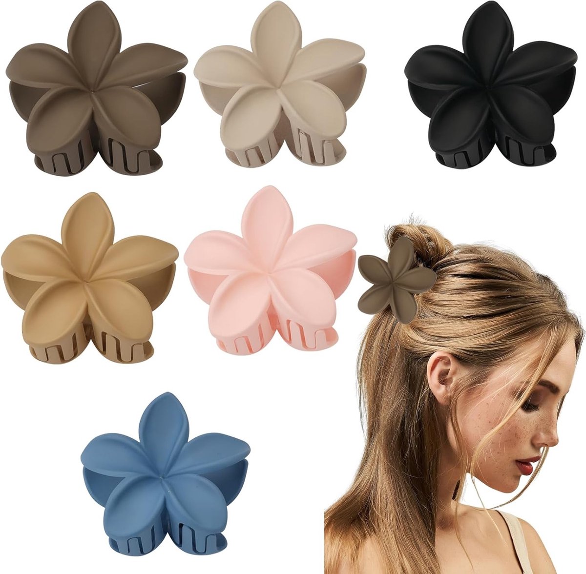 Zes Stuks Matte Haarclips met Grote Bloemen, Antislip Haarspelden voor Dikker en Dunner Haar, Sterke Fixatie in Zes Kleuren