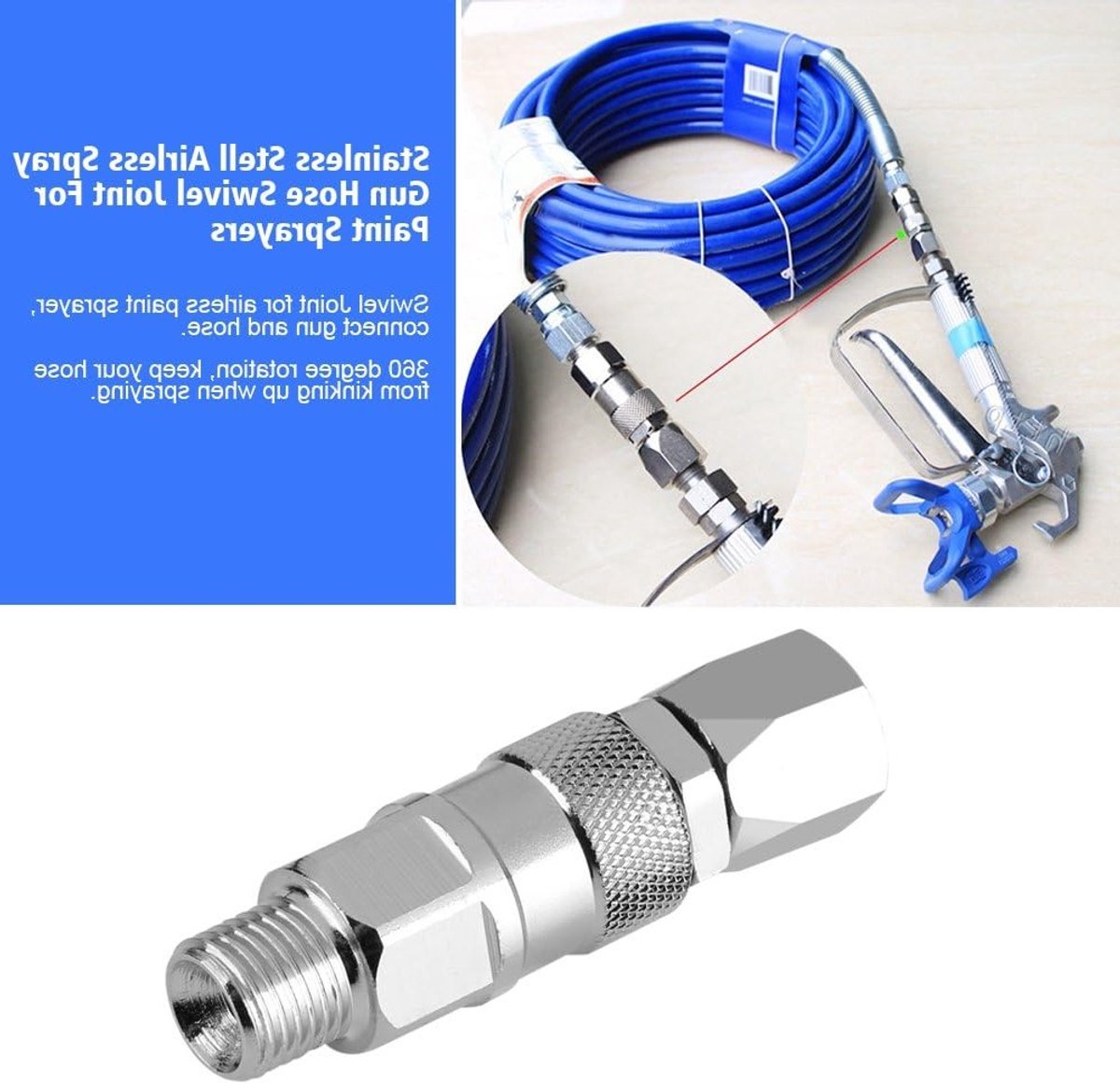 360 Graden Draaikoppeling voor Airless Verfspuiten - RVS 1/4-inch Slangverbinder voor Hoge Druk en Spuitaccessoires