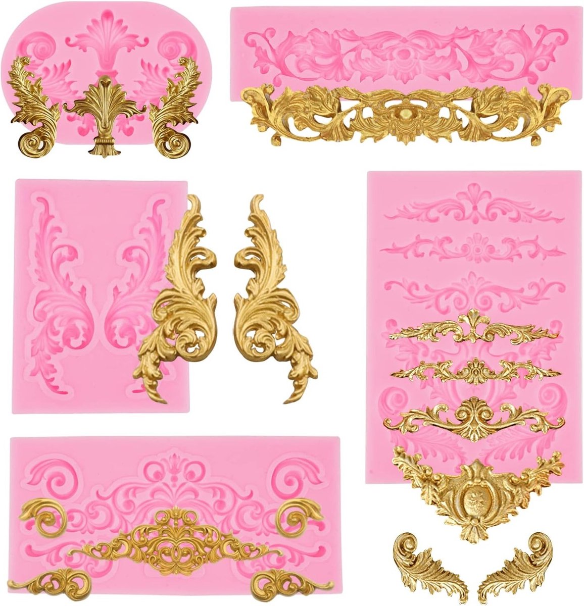 Set van 5 Barok Fondant Mallen van Siliconen voor Taartdecoratie, Chocolade, Desserts en Zeepvormen, 3D Vintage Vormgeving met Bloemen en Klimop Motieven