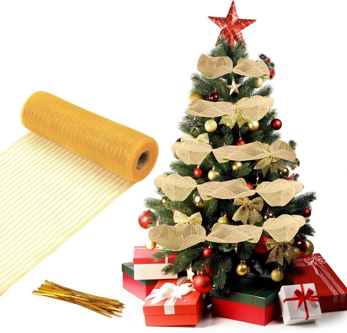 Kerstlint Gouden Lametta - Decoratieband Slinger - Kerstboom Versieren - Extra Breed Poly-Mesh - 27 cm x 9 m - Goud – foto 7