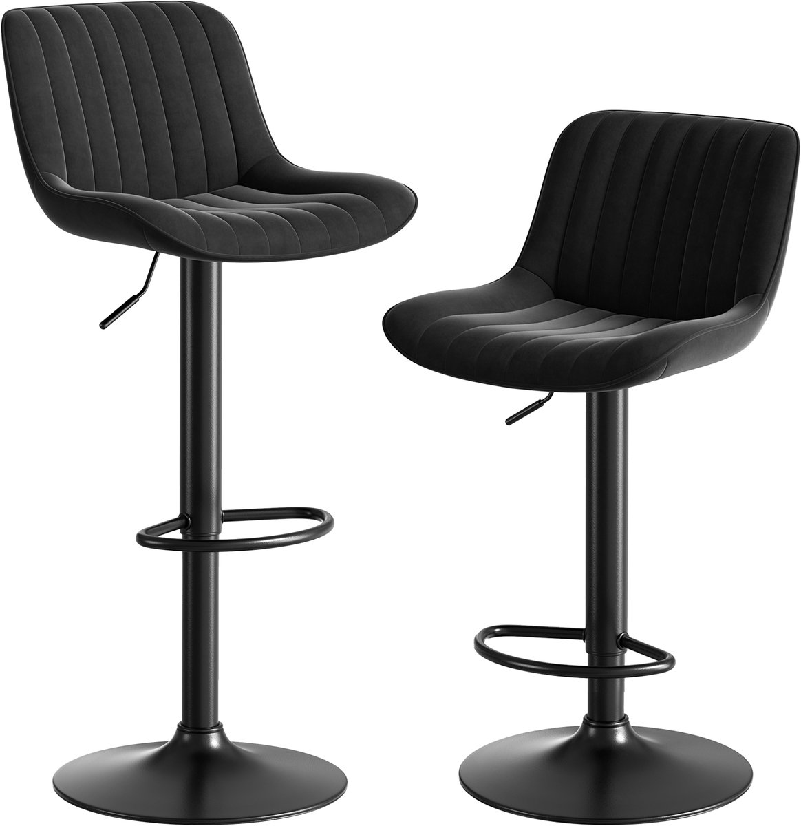 Wishdor Barkruk - In Hoogte Verstelbaar En 360 Graden Draaibaar - Ergonomisch Ontwerp - Voor Keuken Of Bar - Fluwelen Bekleding Met Metalen En Houten Elementen - Zwart - Hoogte 87 Tot 109 Cm