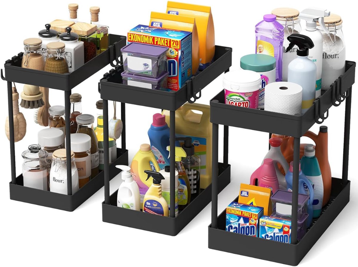 HEZIVO® Gootsteenkast Organizer - Keukenkast Opbergrek - Badkamerkast - Met 16 Haken - Aanrecht Kast - 2 Stuks - Zwart