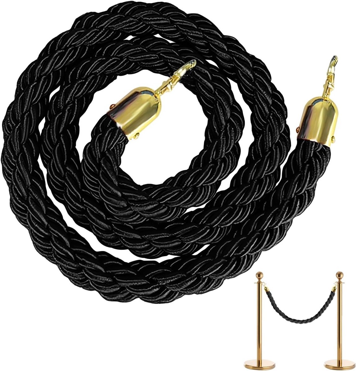Twisted Barrier Rope van 1,5 meter met haak, ideaal voor hotels en bioscopen, zwart en stevig ontwerp voor crowd control