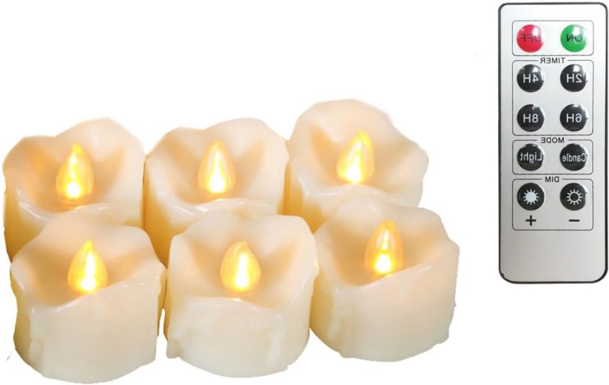 VIN® LED Theelichtjes Bewegend Vlam - LED Kaarsen met Bewegende Vlam - Kaarsen op Batterijen - Met Afstandsbediening – Met Timerfunctie - Incl. Batterijen – 6 Stuks – Wit