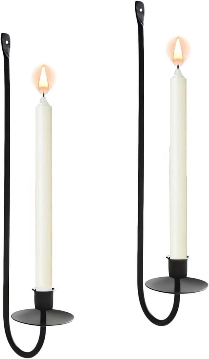Wandkandelaars Metaal - Kaarsenhouders Muur - Sfeerverlichting Creëren - Set van 2 - 27.9 cm Hoog - Zwart
