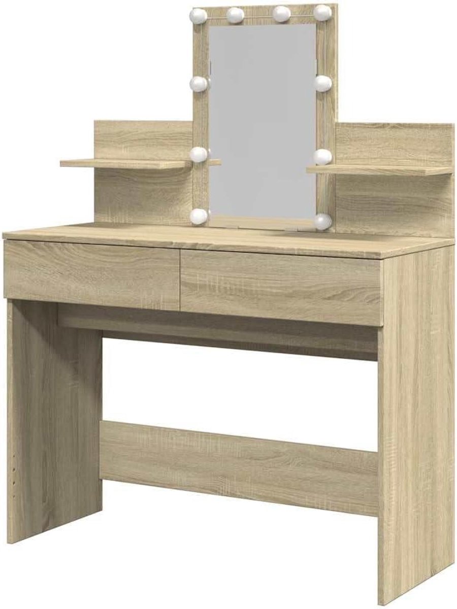 Kaptafel met LED - Make-uptafel Toilettafel - Make-up aanbrengen - 2 Laden en 2 Planken - 100x40x130 cm - Sonoma Eiken