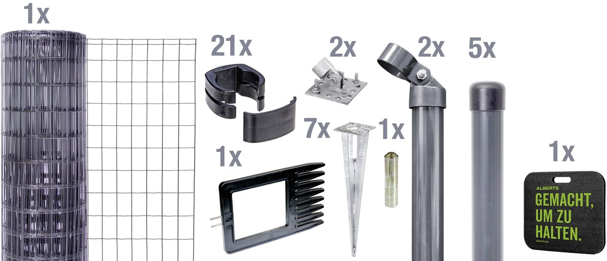 Alberts Fix-Clip pro als complete set, draadafscheidingskniestuk en slaggrondcontactdoos, antraciet of groen, hoogte 81-153 cm, lengte 10 m
