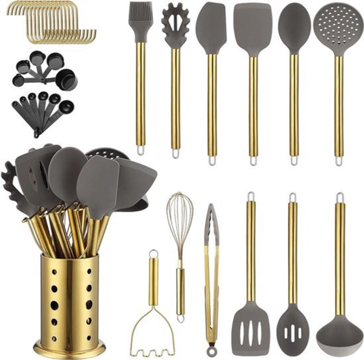 Keukengerei Set, 38-delig in Goud met Non-Stick Siliconen, Vaatwasserbestendig