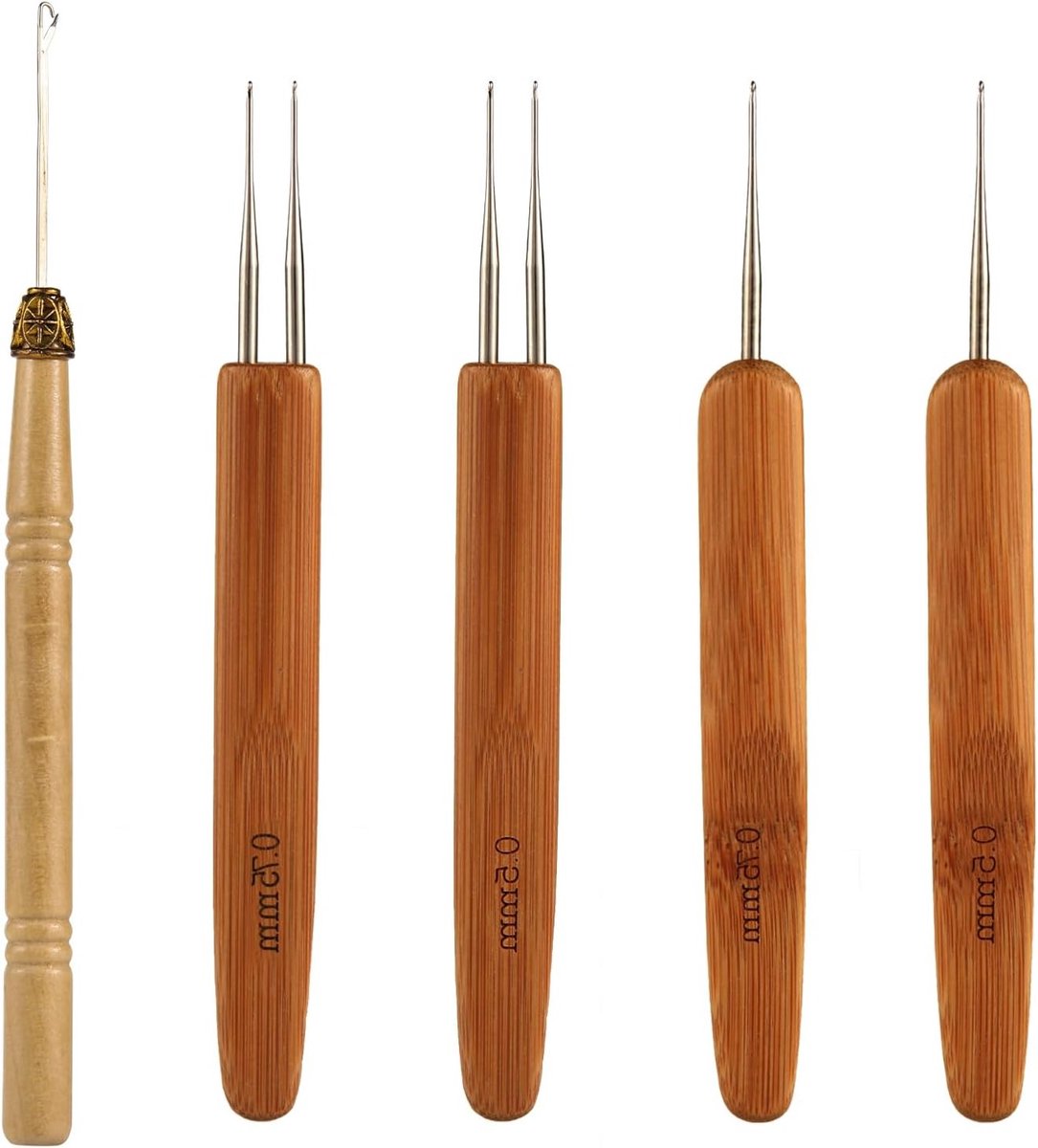 Set van 5 Dreadlock Haaknaalden van RVS voor het Vlechten en Locken van Haar, Inclusief 0.5mm en 0.75mm Naalden voor Dreadlocks en Vlechtwerk