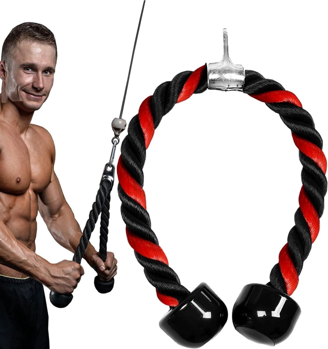 Triceps Touw - Kabelbevestiging Pushdown - Kracht Training - Versterkt Handvat - 90 cm - Rood