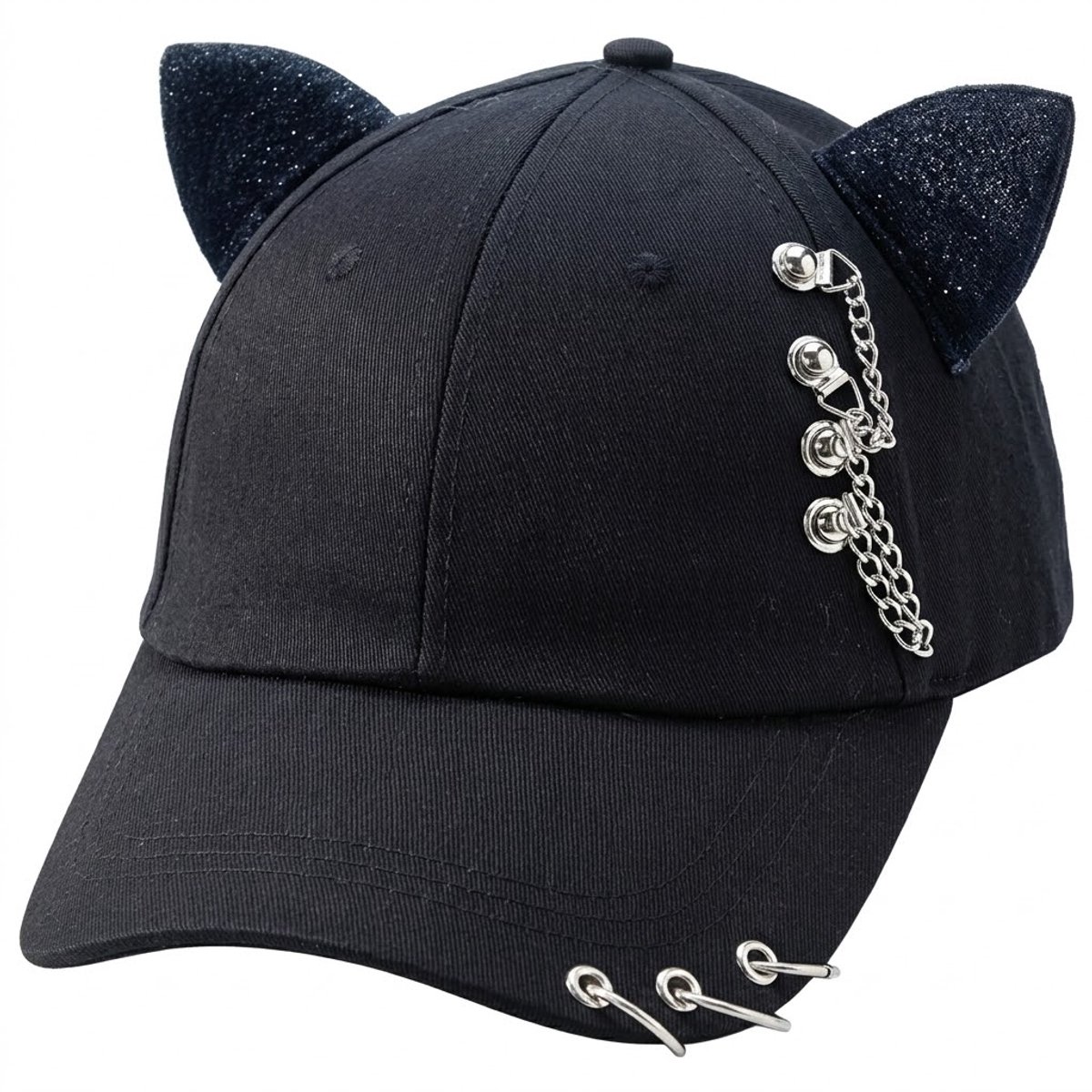 Zwart baseball pet met kattenoren dames en heren – cap met ketting en ring details en gebogen klep – verstelbare hip hop pet met decoratieve metalen accenten – zwarte casual pet voor streetwear