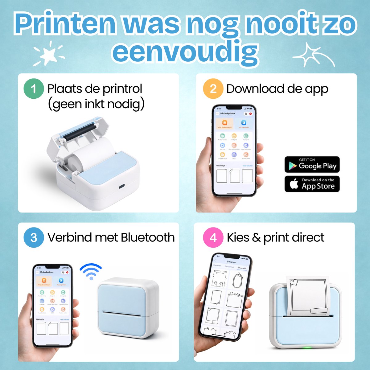 TinyPlay Mini Printer 300 DPI - Pocket Printer - 13 rollen papier in kleur, Sticker en wit - Mobiele fotoprinter - voor Smartphone - Thermische draagbare printer - Thermal miniprinter — afbeelding 5