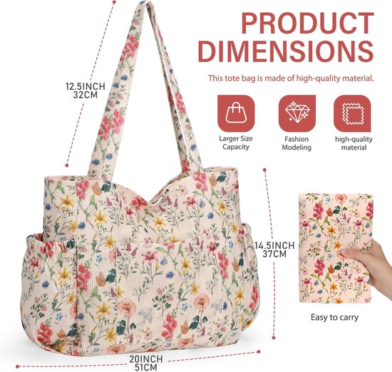 Sac fourre-tout en velours côtelé crème avec un imprimé floral vintage détaillé. Rayures verticales beiges. Les dimensions du sac sont indiquées.