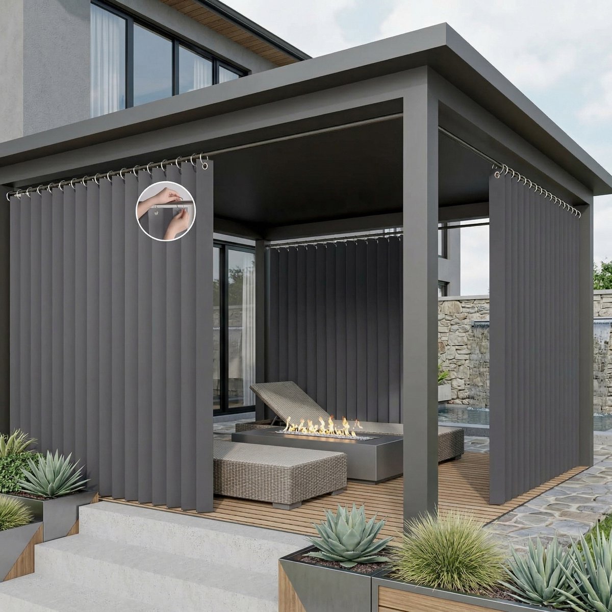 Qelus Extra Breed Buitengordijn Waterdicht 254cm - Lasergesneden Anti-Haak Outdoor Gordijn met Permanente Plooi - Weerbestendige Room Divider voor Tuinhuisje & Gazebo - Donkergrijs - 254x213cm - 1 paneel