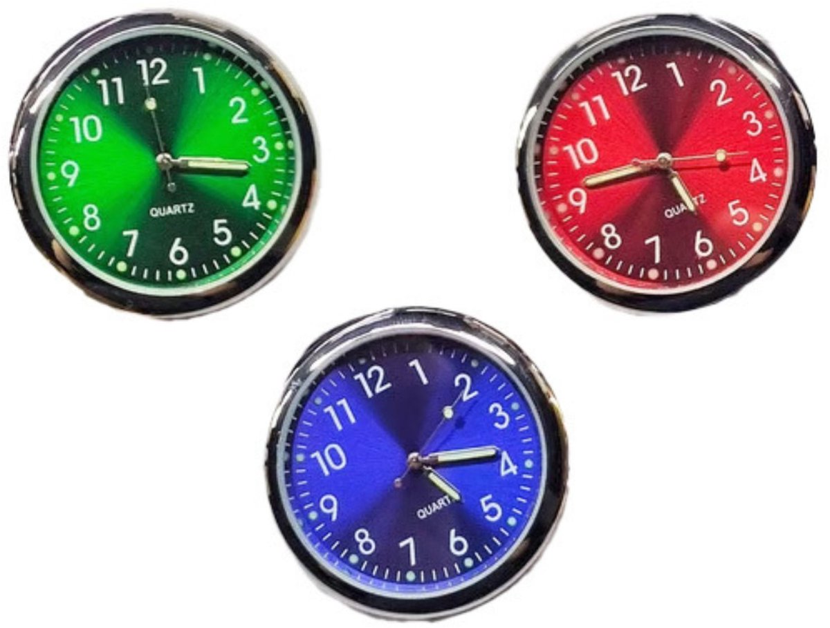 Home & Marker - Autoklokje - 3 Stuks - Lichtgevend Analoog Dashboard Klokje - Mini Horloge - Glow in the Dark - Zelfklevend - Vintage Auto Accessoires Interieur - Blauw, Groen, Rood - LITTIME