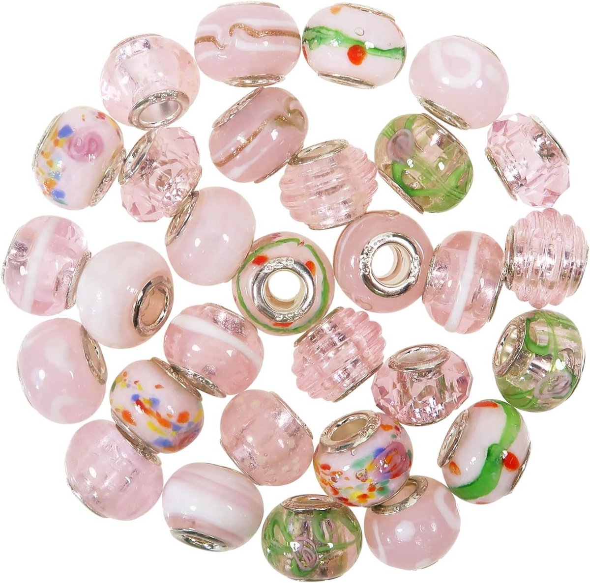 30 Stuks Glas Kralen in 10 Stijlen met Grote Gaten - Roze Rhinestone Charms en Spacer Kralen voor DIY Sieraden, Armbanden en Kettingen