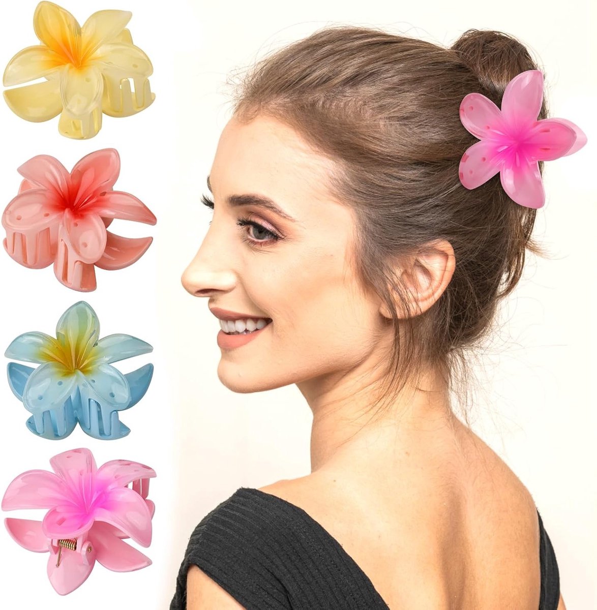 Set van 4 Hawaii Bloemen Haarspelden, Schattige Acryl Haarspelden voor Vrouwen, Kleurige Haaraccessoires voor Haarstyling en Meisjes, Antislip Haarclips