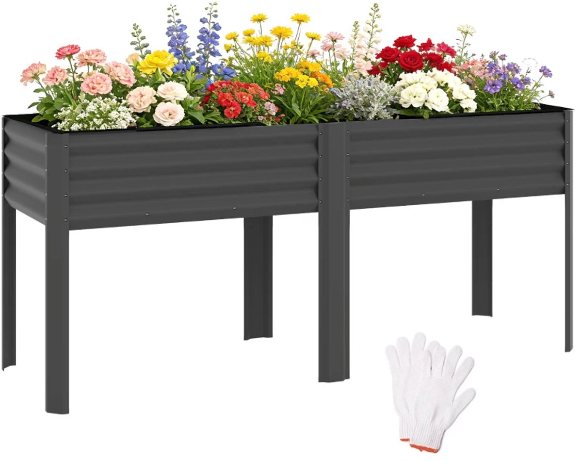 Grote Plantenbak - Luxe Bloembak - Verhoogd Plantenbed - Tuinbed met Verstevigingsstangen & Vliesdoek - Kweekbak - Moestuinbak - Kruidenbed - voor Buiten, Terras, Tuin & Balkon - voor Groenten, Bloemen & Kruiden - 180 x 55 x 80 cm - Donkergrijs