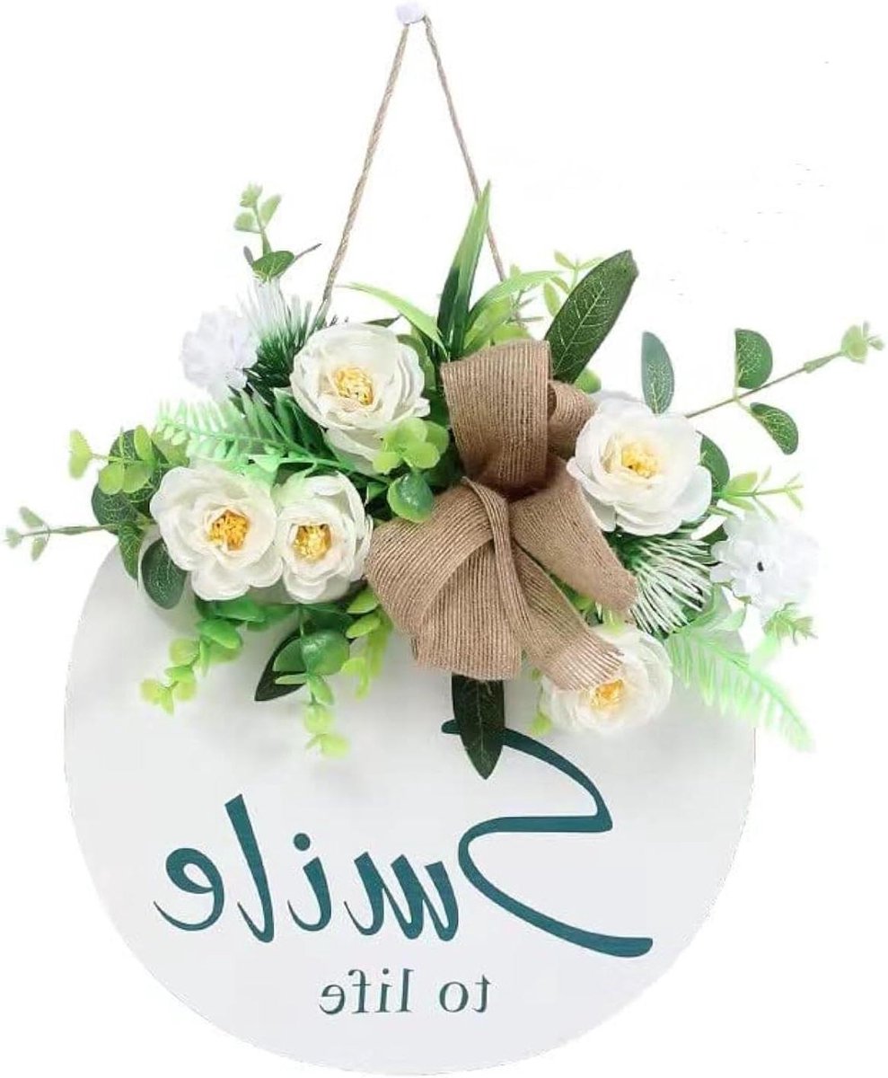 Welkomstkrans Hout - Deurdecoratie Welkom Thuis - Woonkamer Decoratie - Handgemaakt met Kunstbloemen - 26 cm Diameter - Vers Wit