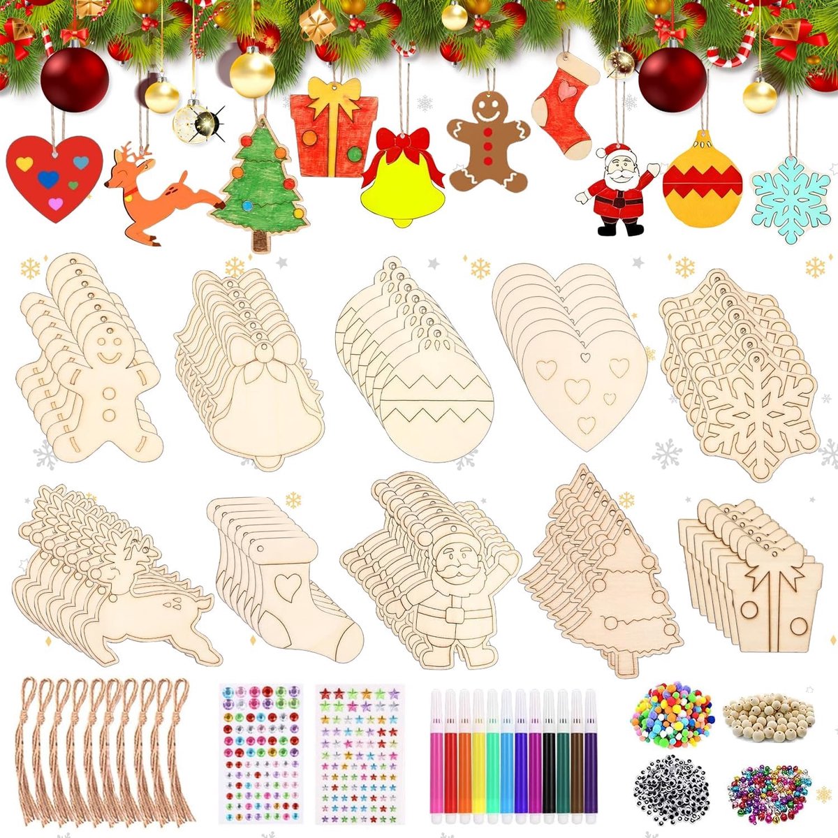 Houten Hangers voor Schilderen - 354 Stuks DIY Kerstdecoratie - Houten Knutselwerkjes voor Kinderen - Kerstboomversiering - Creatieve Kerstdecoraties - Houten Pendants