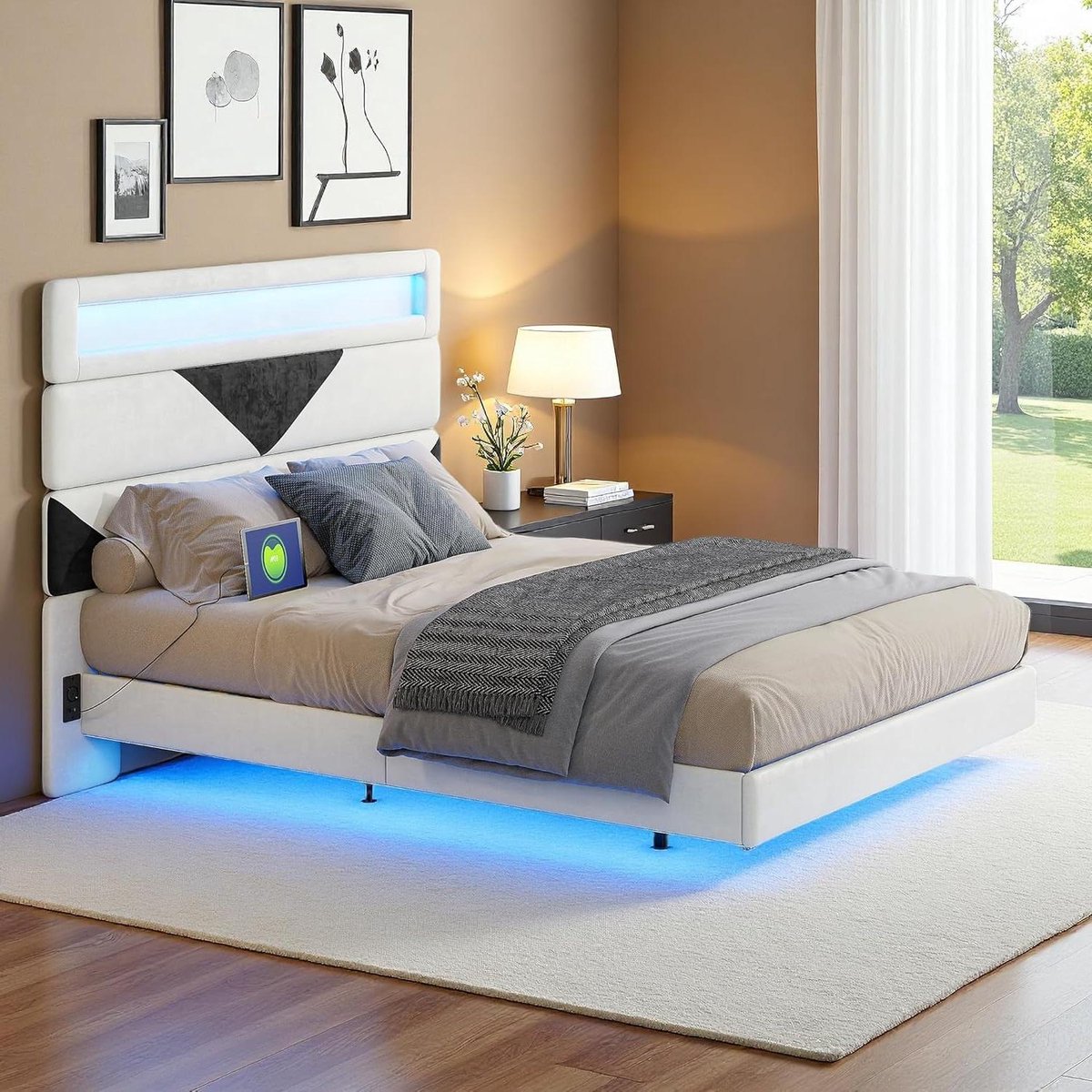 Tweepersoonsbed - Gestoffeerd Bed Platbed - Ontspannen Slapen - Zwevend Ontwerp - 160x200 cm - Zwart