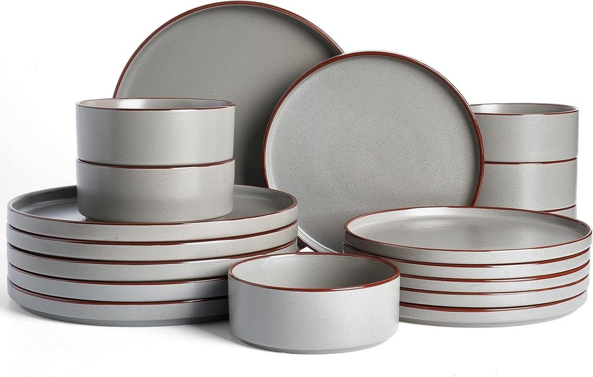 Servies Set - Borden en kommen - Tafeldekken - Handgetekende randen - 18-delig - Donkergrijs