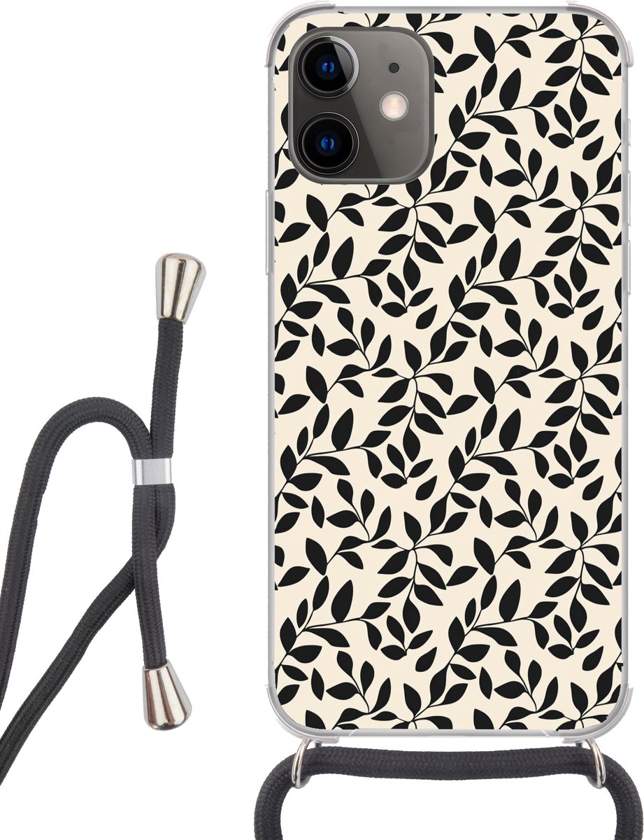 Telefoonhoesje Geschikt voor iPhone 11 - Elegant - Patroon - Zwart - Beige - Siliconen - Crossbody - Backcover met Koord - Telefoonhoesje met koord - Hoesje met touw Telefoonhoesje