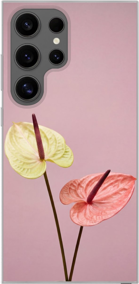 Telefoonhoesje Geschikt voor Samsung Galaxy S24 Ultra hoesje - Bloemen - Anthuriums - Geel - Roze - Siliconen Telefoonhoesje Telefoonhoesje