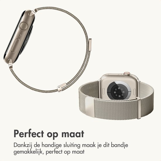 Goudkleurige Apple Watch met een Milanese band. "Perfect op maat" staat er met de tekst "Dankzij de handige sluiting maak je dit bandje gemakkelijk, perfect op maat".