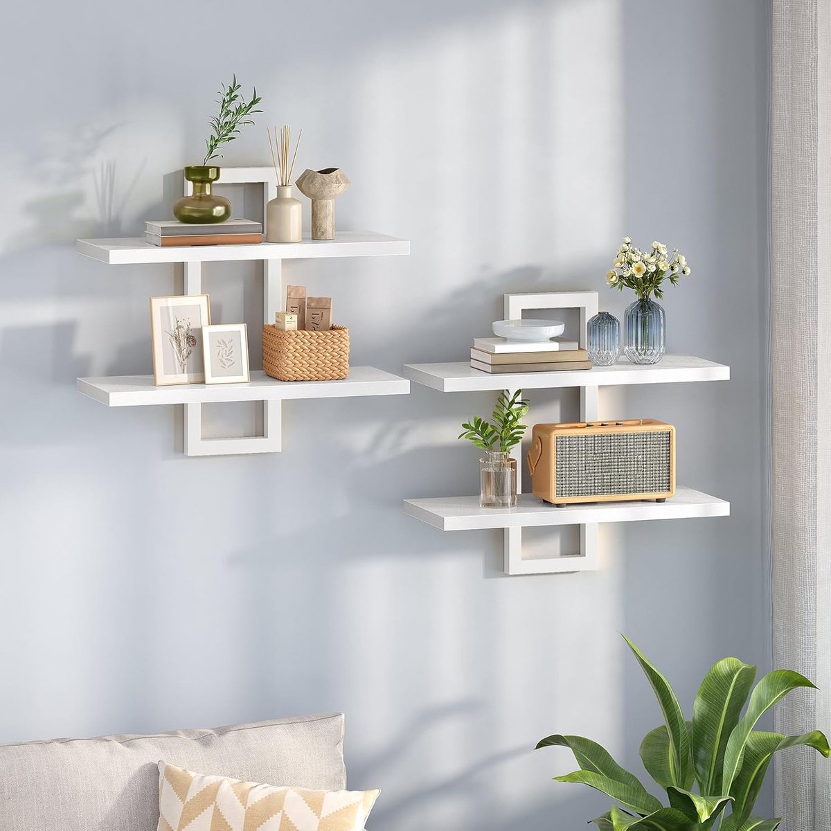 HOMESY Zwevende wandplanken, 2-laags zwevende planken, set van 2, hangende badkamerplanken, 38 cm wandplanken, voor woonkamer, slaapkamer, keuken, wit