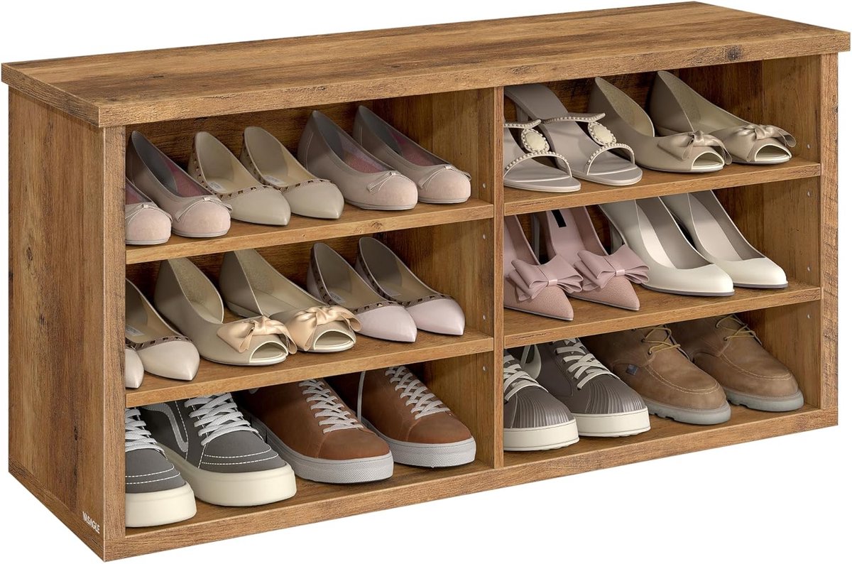 Furnstar Schoenenbank – Opbergbank met 6 Vakken – Verstelbare Planken – Voor Hal & Woonkamer – 29,5 x 100 x 50 cm – Honingbruin