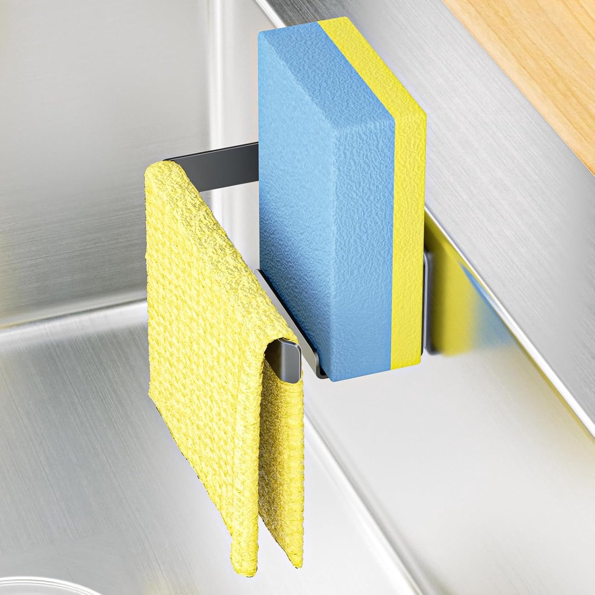 Sponge Holder Sink - Zelfklevende Afwasdoek Houder - Keuken Caddy 2-in-1 - RVS Afwasdoek Opslag voor Afwasdoeken - Spons - Borstel (Zwart)