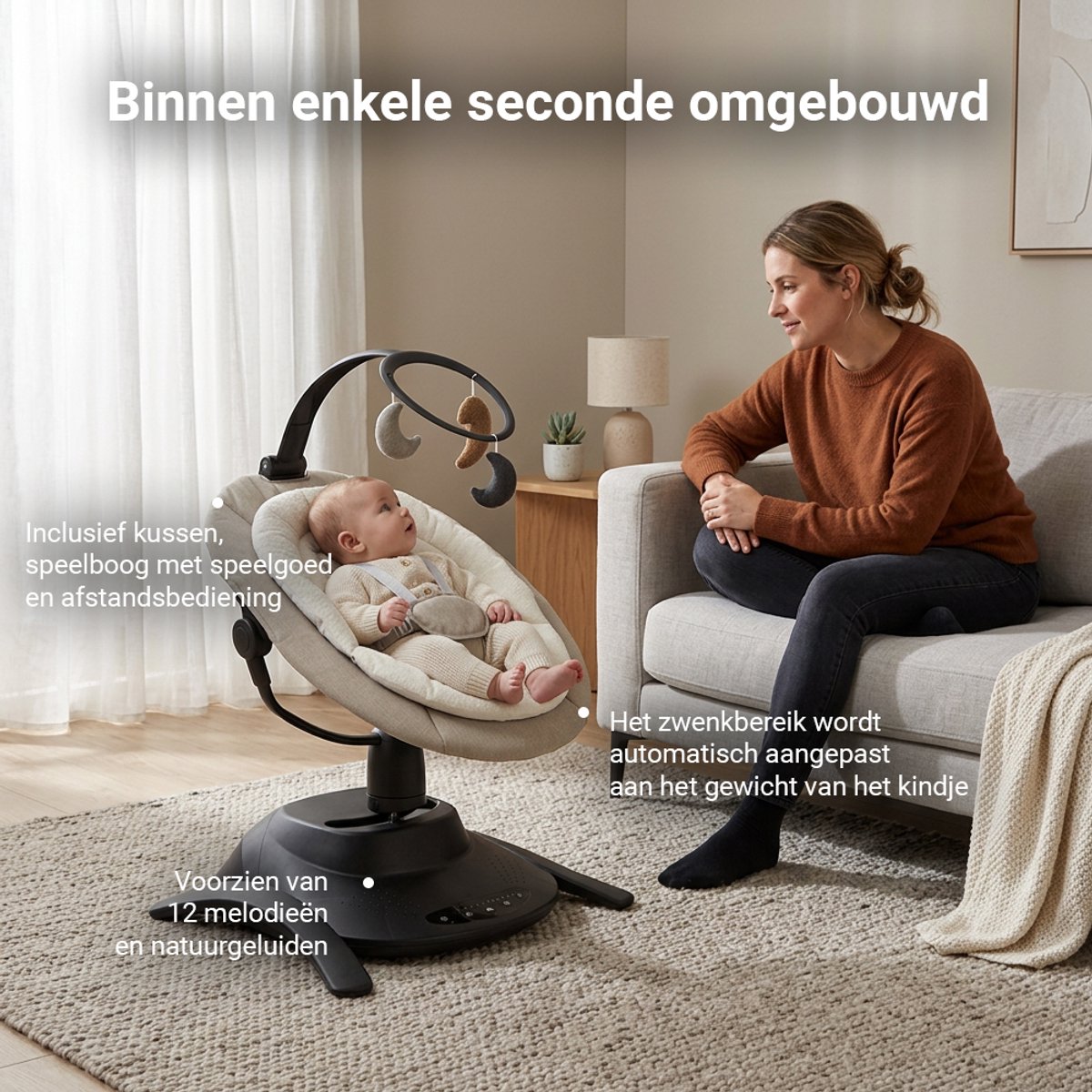 Novi at Home Stardust 2-in-1 Babyswing en Wieg - Sand Melange thumbnail 2
