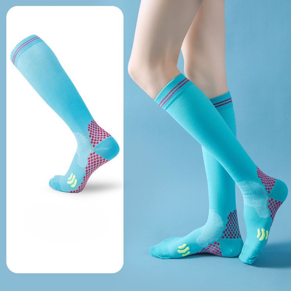 Unisex compressiekousen (1 paar), bevorderen de bloedsomloop, geschikt voor fietsen en hardlopen, springtouwkousen, antislip kniekousen voor binnensporten, Lichtblauw