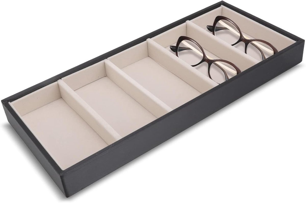 Glazen opslagdoos voor meerdere brillen, organizer met 5 compartimenten, fluwelen brillendoos voor sieraden en horloges