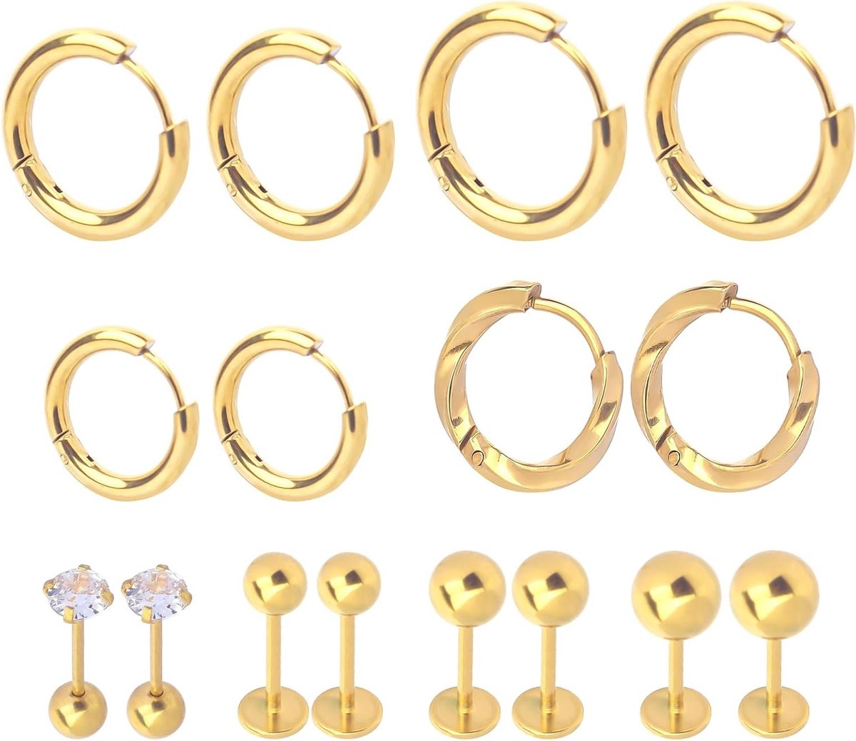 Elegante Set van 8 Paar Kleine Gouden Stud Oorbellen, Hypoallergeen Chirurgisch Staal, Duurzame Zirkonia en Platte Achterkant voor Dames Accessoire